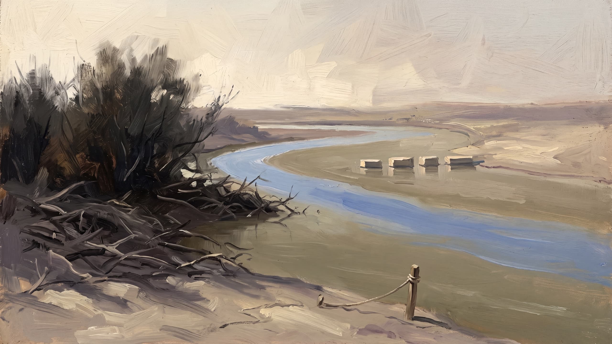 Four Stones, No Path Yet. Four dressed stones set in line across the water below a willow thicket, a rope running back to a post on the near shore.