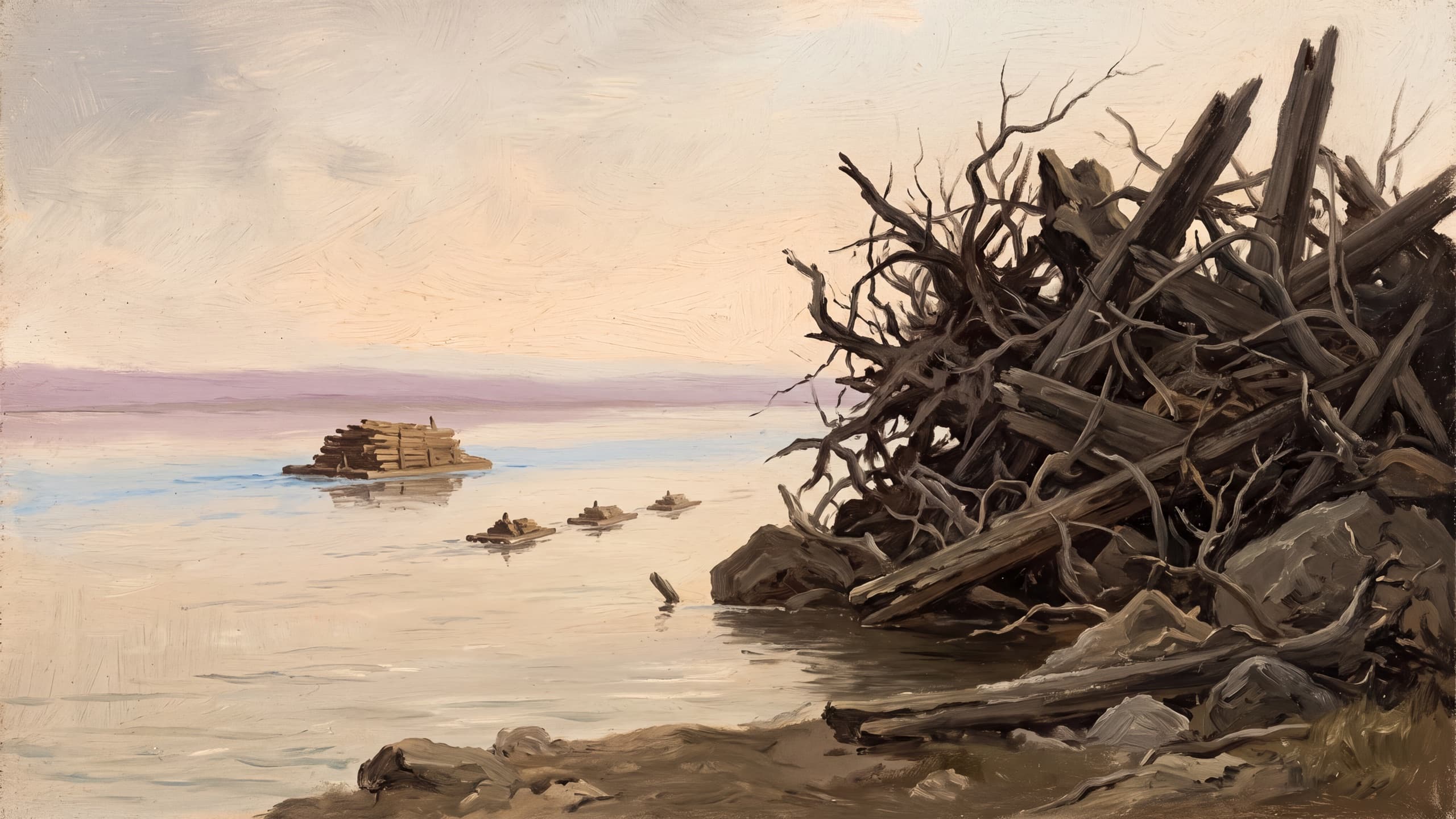The Driftwood and the Three. A great tangle of driftwood piled on one bank, a single overloaded raft out in the pale water and the same cargo again as three trim rafts in line.