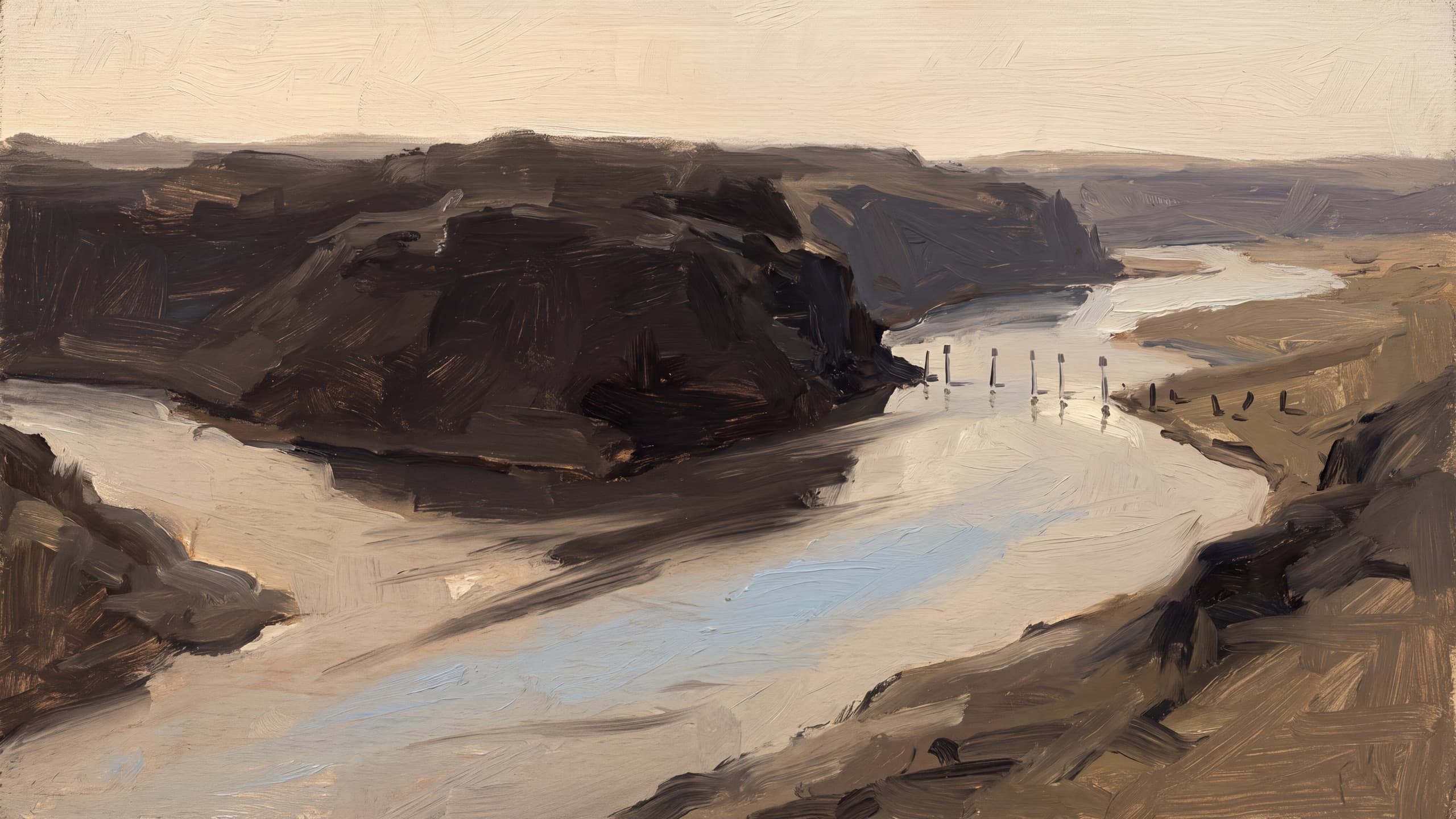 The Markers at the Narrows. A line of small marker posts standing where a dark headland squeezes the river into one narrow passage.