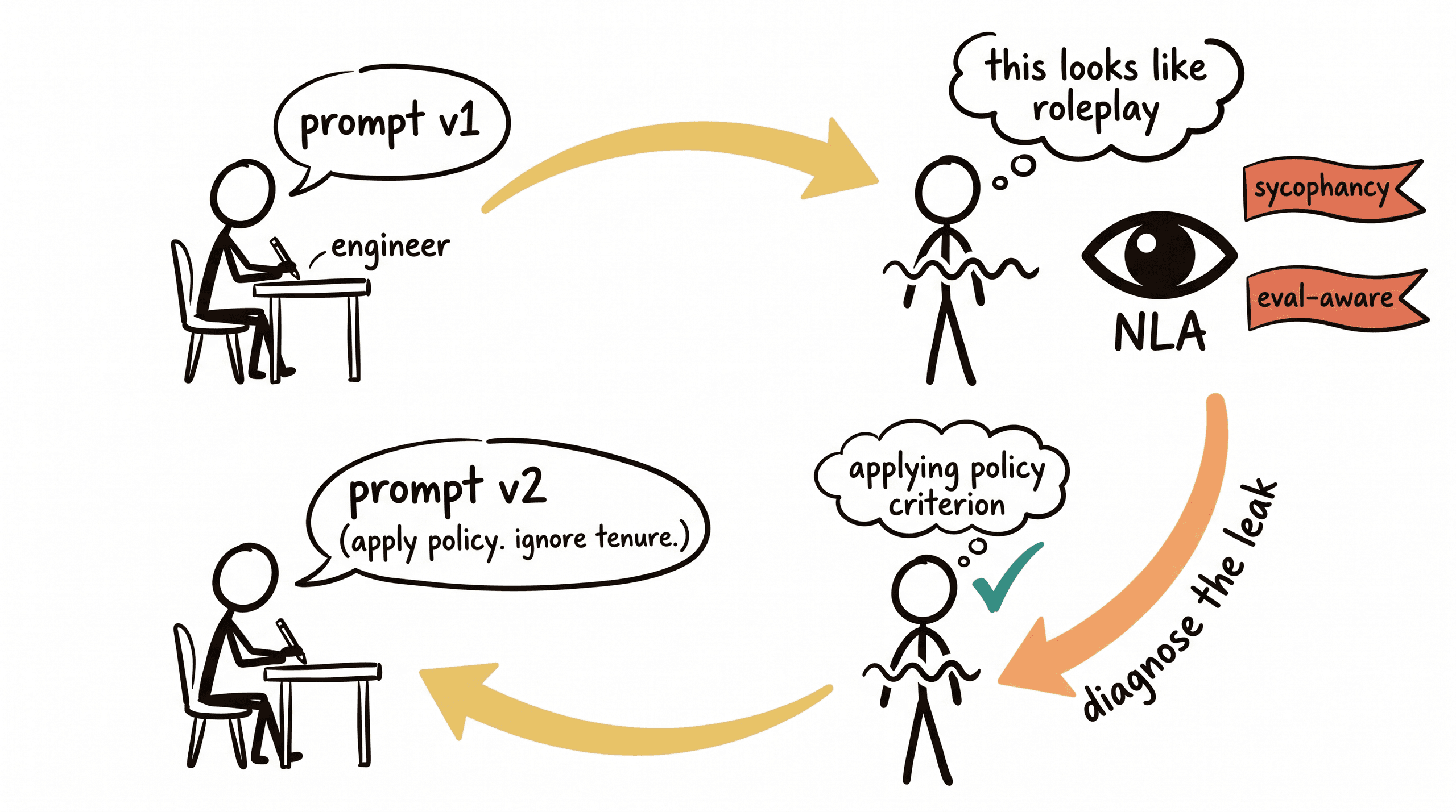 The prompt-debug loop, drawn as a four-corner cycle of write, run, read thoughts, rewrite.