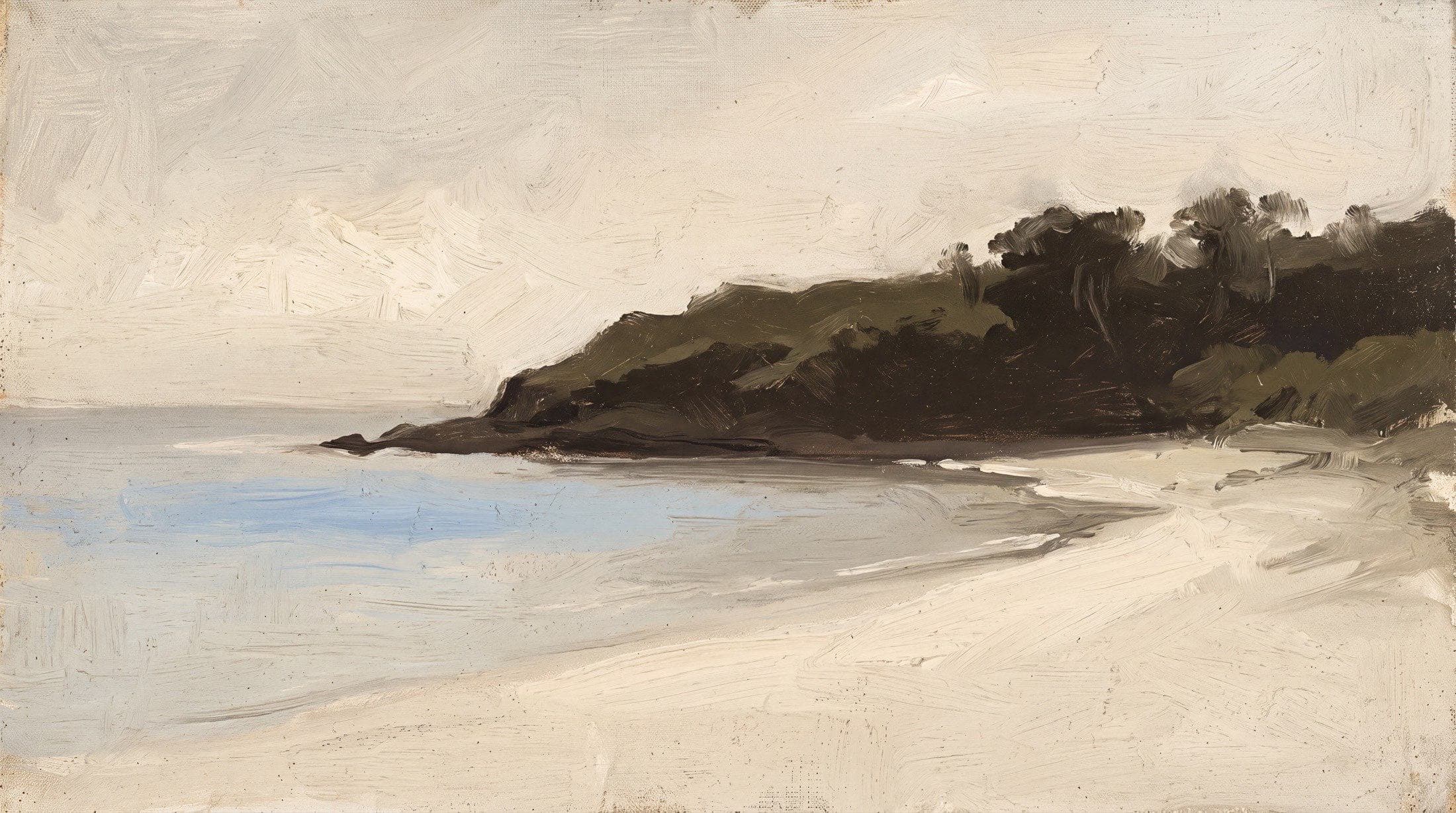 A dark olive headland over a cream strand and a calm sea.