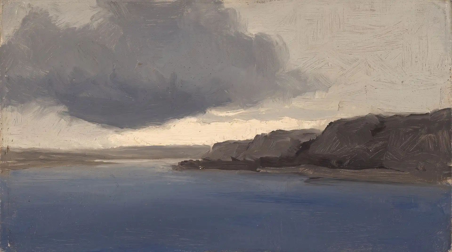 A slate storm cloud breaking over a bright horizon and a deep blue river.
